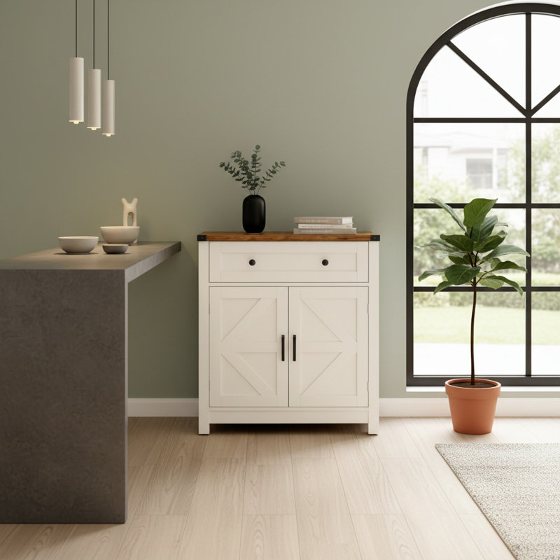 American Farmhouse Style Barn Door Sideboard, White Wood Grain Countertop With Drawers, Coffee Bar Storage Cabinet, Versatile Style For Kitchen And Living Room.