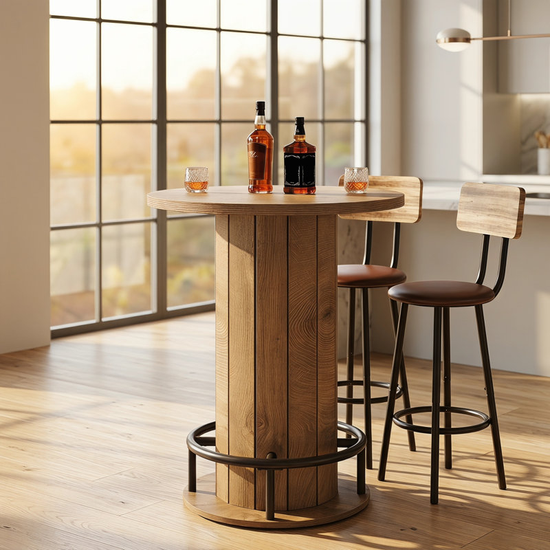 Table de bar 39,4 po, table bistro ronde avec repose-pieds en anneau en métal, table unique, Marron clair