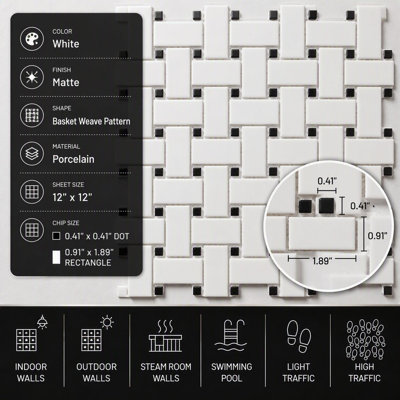 Matte White 12X12 Porcelain Basket Weave Mosaic with Black squares Wall & Floor tile (set of 10 sheets).
