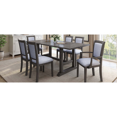 7-Piece Updated 76.9Inch Extendable Trestle Dining Table Set With Removable Leaf, Kitchen Table Set With Upholstered Side Chair And Arm Chair, Set Of -  Red Barrel StudioÂ®, 4798A5C9BA6B4165B7974D673BFB0658