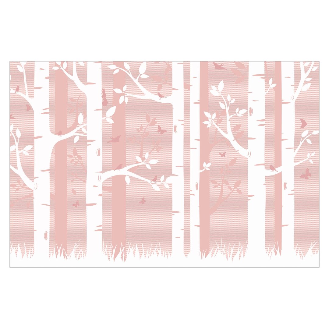 Strukturierte Fototapete Pink Birch Forest with Butterflies and Birds 3,2 m x 480 cm