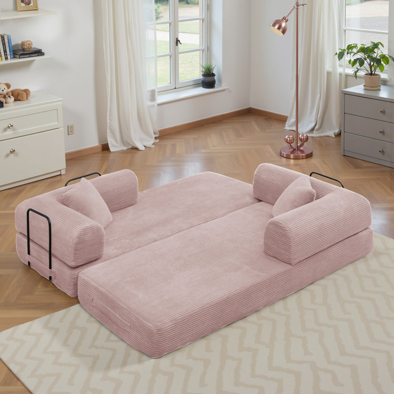 63" Boneless Corduroy Sleeper Sofa Bed, Modular Futon Couch, Compression Foam Sofa with 2 Pillows, No Assembly Required, Pink