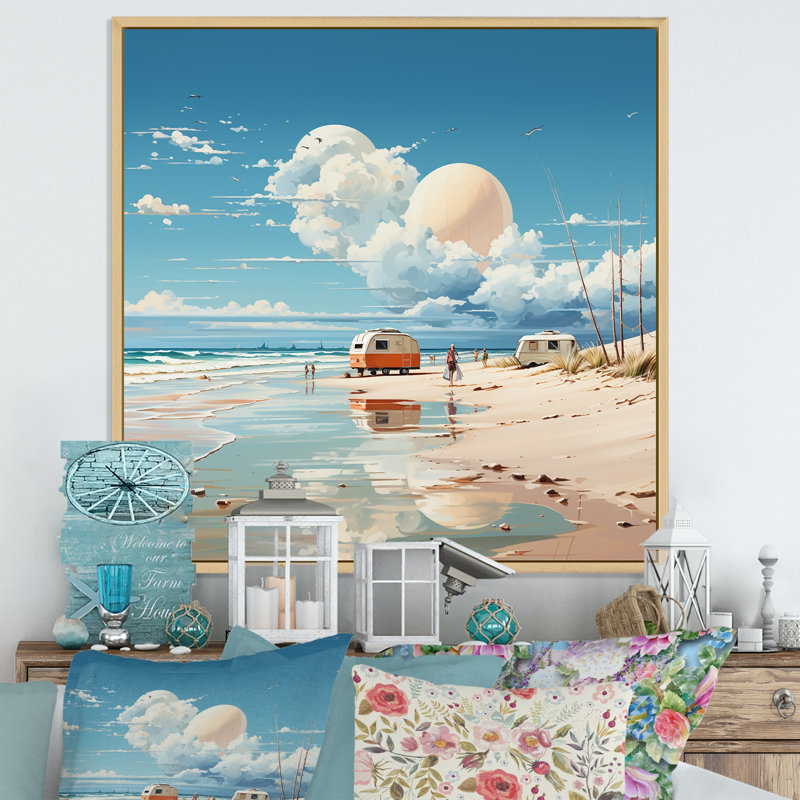 Beachside Camping Getaway 2 - fruits, art mural, H 36 po x l 36 po x P 1,5 po, Cadre flottant brun