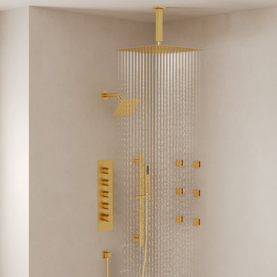 Ceiling Mount 16" High-Pressure Rainfall Shower Faucet, Dual Rainfall Shower Head System with Thermostatic Valve