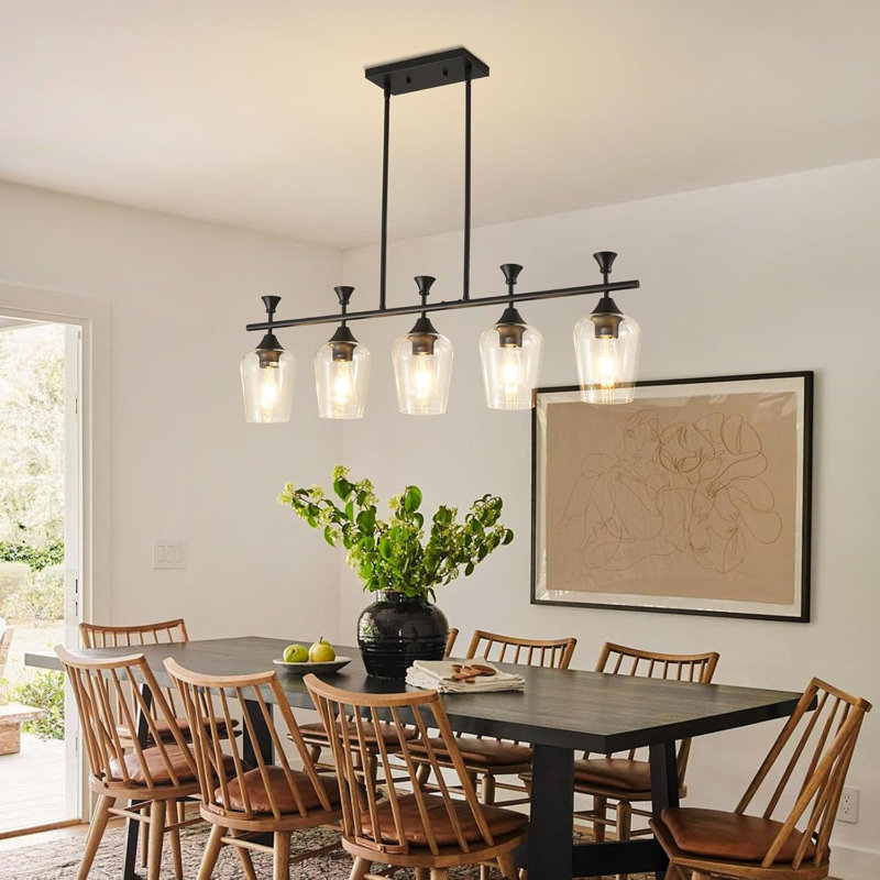 Lustre linéaire pour îlot de cuisine et salle à manger, luminaire suspendu à hauteur réglable avec abat-jour en verre transparent, compatible avec les ampoules E26