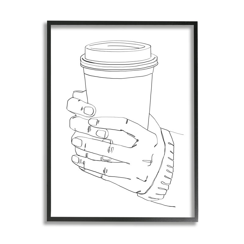 Mains fermes sur une tasse de café - reproduction de dessin, H 20 po x l 16 po x P 1,5 po, Giclée encadrée noir minuit