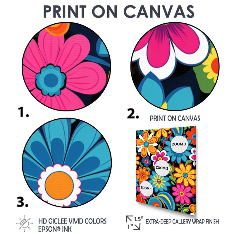 «Groovy Hippy Flower Power - Wildflowers», art mural, Toile encadrée flottée blanche, H 40 po x l 30 po x P 1,5 po