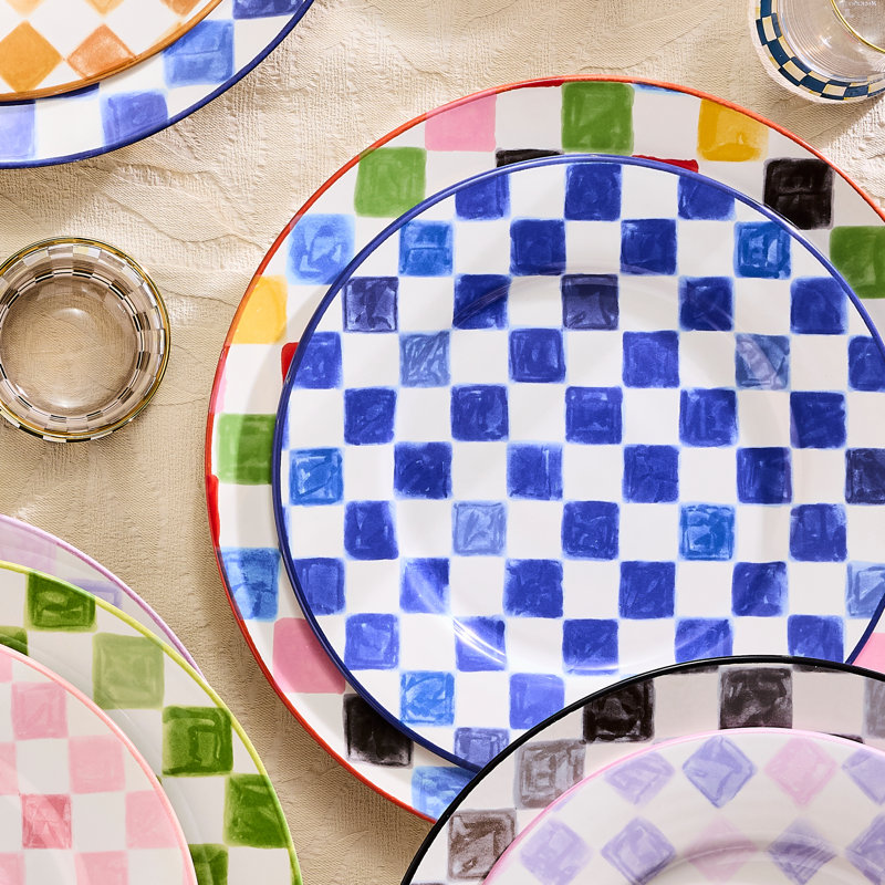 Pink Check Dinner Plate, Blue
