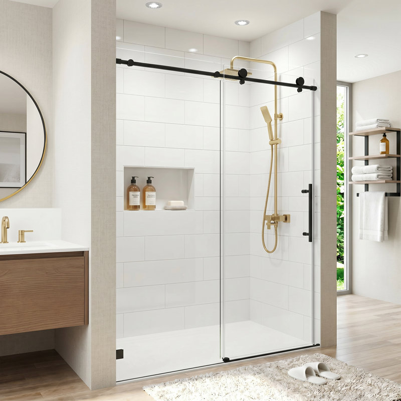 Porte de douche coulissante simple sans cadre de 46 à 48 po x H 76 po, verre trempé épais de 8 mm avec mécanisme de fermeture en douceur