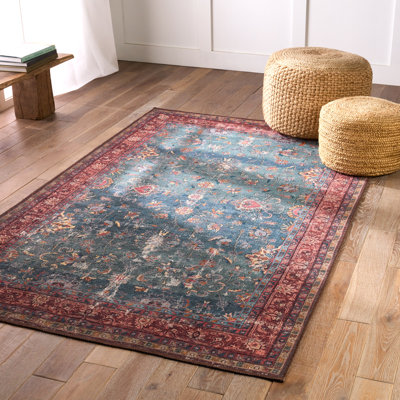 Tapis floral tissé à la machine en bleu / rouge