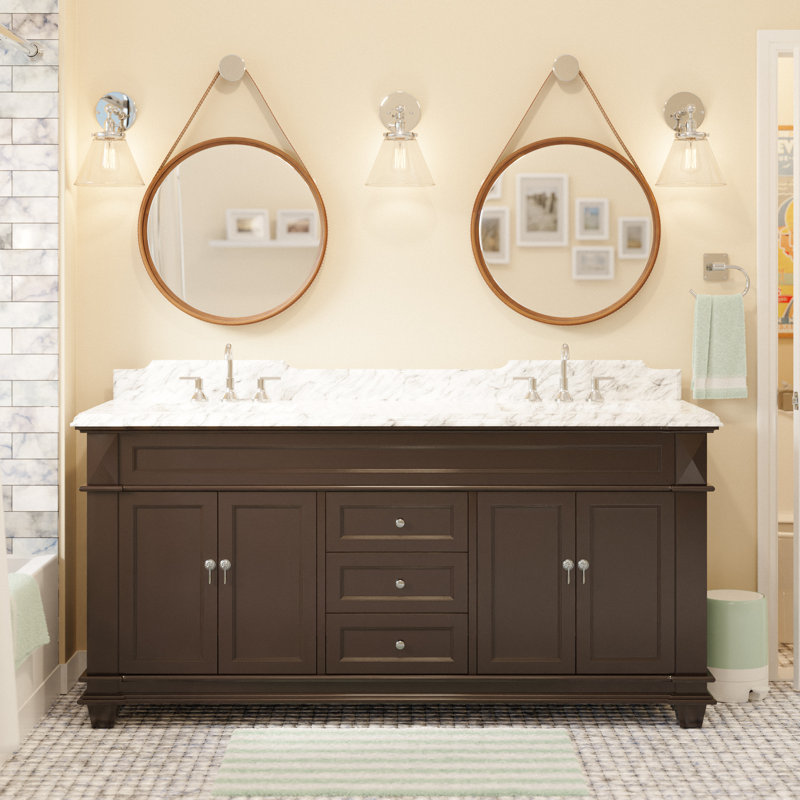 Ensemble de meuble-lavabo double 72 po Ensa, Marbre de Carrare, Chocolat