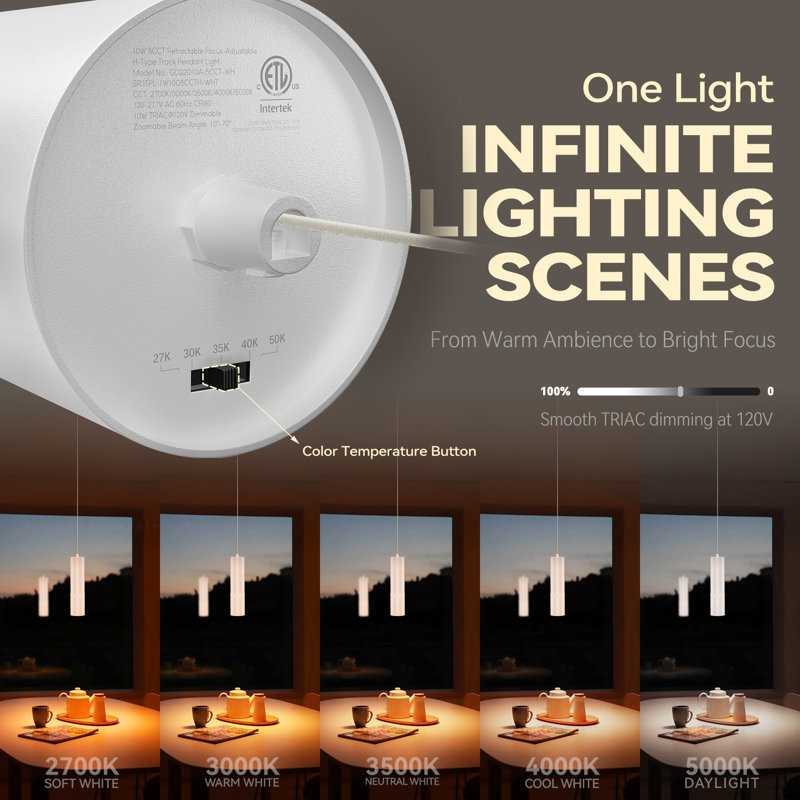 Luminaire suspendu avec rail rétractable 5ct., Compatible avec rail en H, 10W 800Lm, hauteur réglable, blanc, Blanc