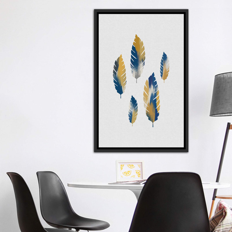 Feuilles bleues et jaunes - impression d'art graphique, H 60 po x l 40po x P 1,5 po, Toile avec cadre noir