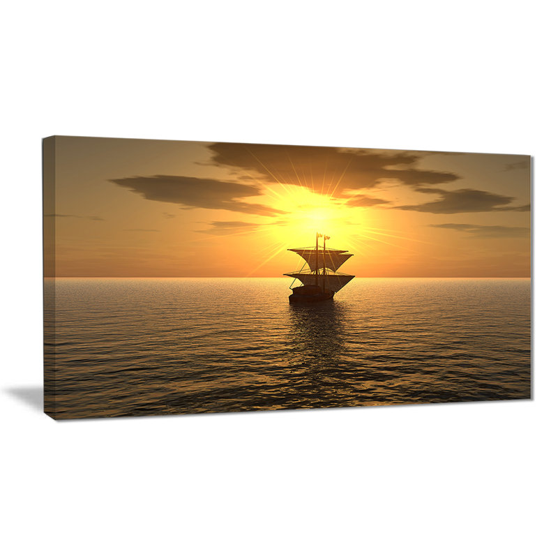 Photographie "navire et coucher de soleil" Seascape, H 16 po x l 32 po x P 1 po, Toile tendue