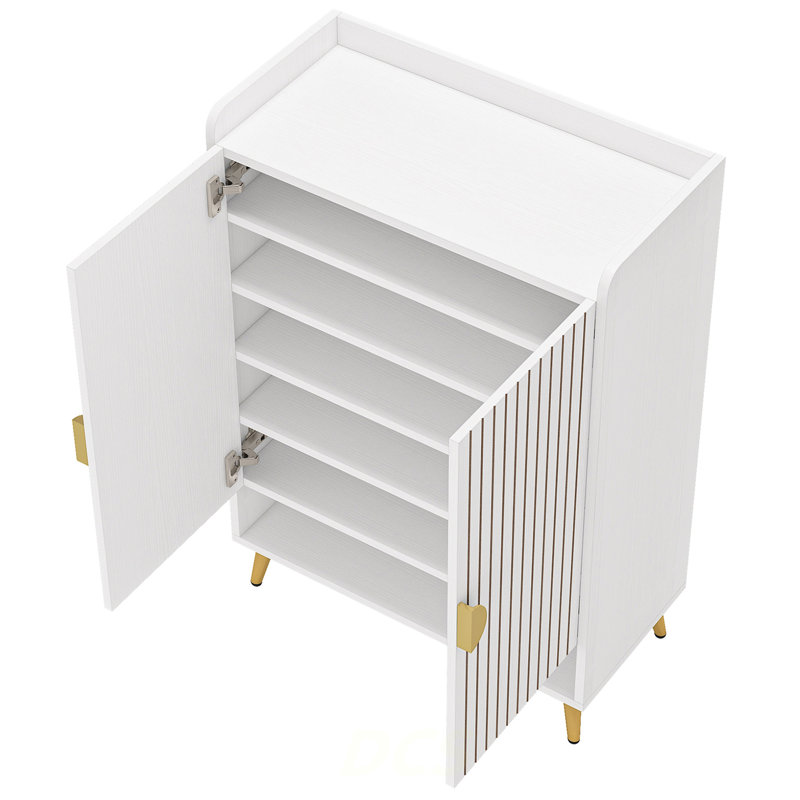 29.6” White & Gold Wooden Shoe Cabinet With Doors, 7-Tier Shoe Storage Organizer, Shoe Storage, Walnut/Gold