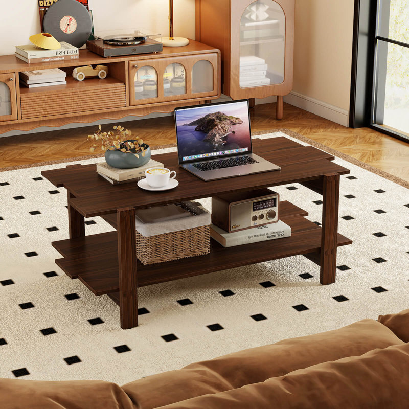 Table basse à 2 niveaux avec centre de rangement irrégulier et tablette de rangement ouverte
