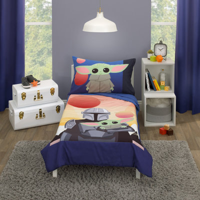 NoJo Star Wars the Mandalorian and the Child Grogu Din Djarin Twin Suns 4 Piece Toddler Bedding Set