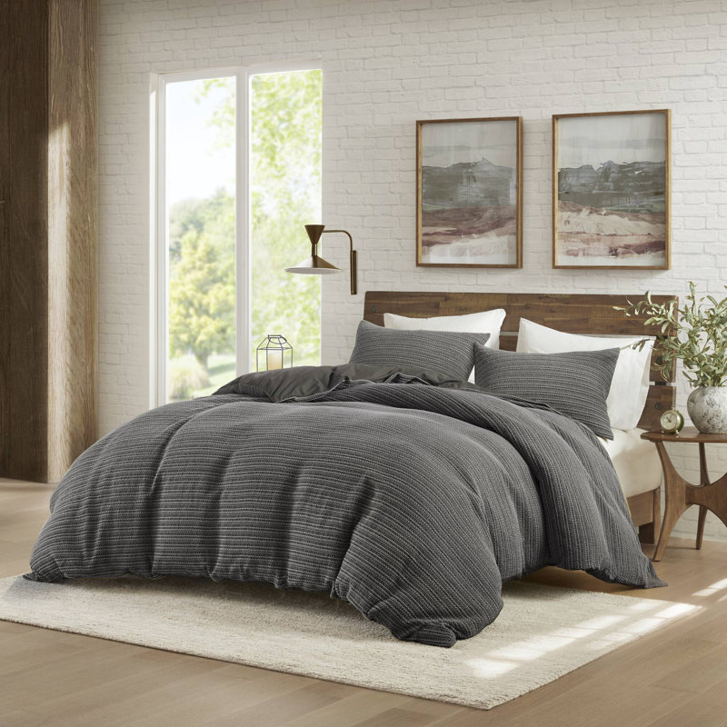 Lyon Charcoal Oversized Cozy 100% Cotton Waffle Washed 3-Piece Full/Queen Duvet Set, Charcoal