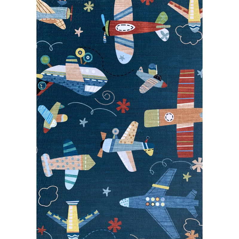 Tapis bleu marine à motif d'avions pour enfants 8 pi x 11 pi (7 pi 7 po x 10 pi 10 po) Branch Maverick