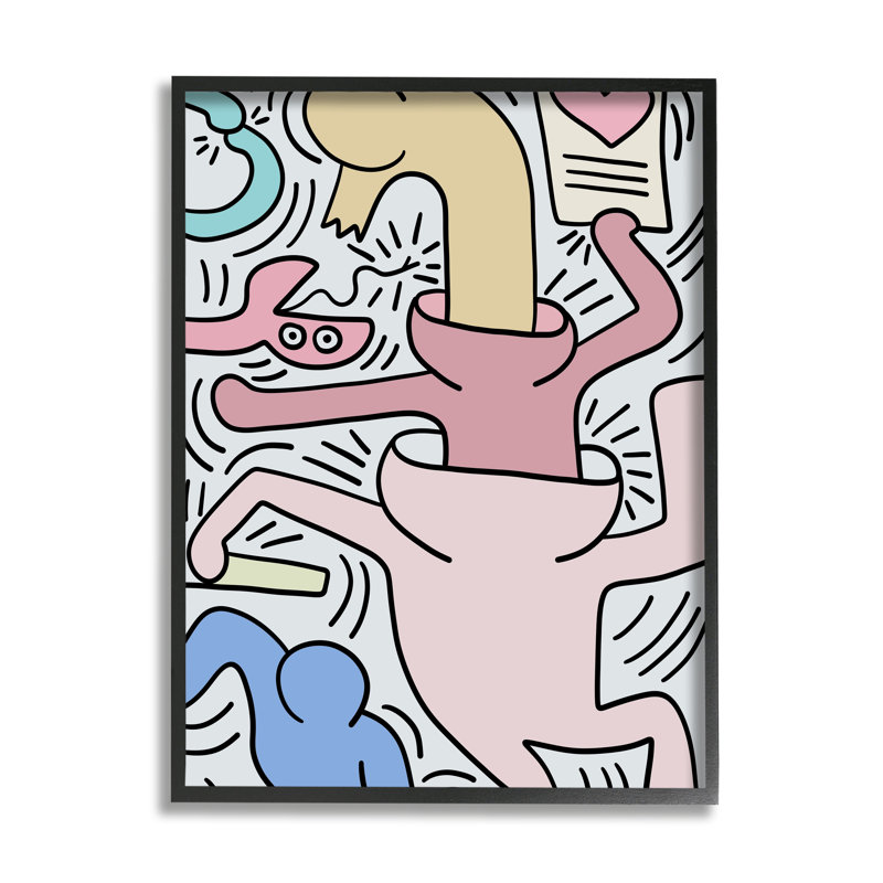 «Contemporary People Moted Heart Lines Pop Style» par Ros Ruseva - impression, L 11 po x H 11 po, Giclée encadrée noir minuit