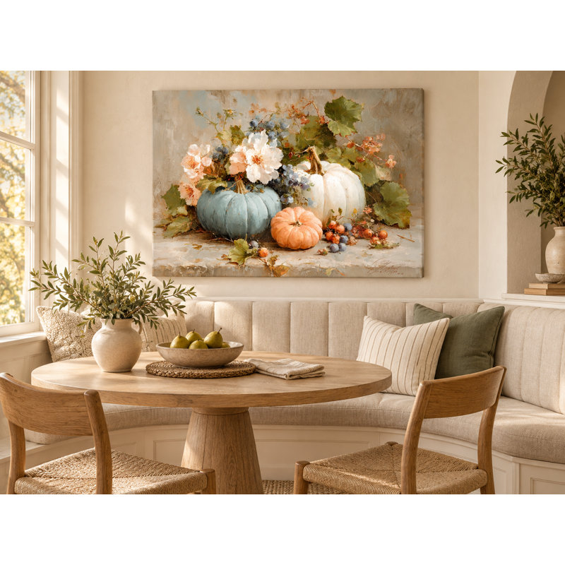 Automne citrouilles et fleurs sur toile tendue, H 36 po x l 48 po