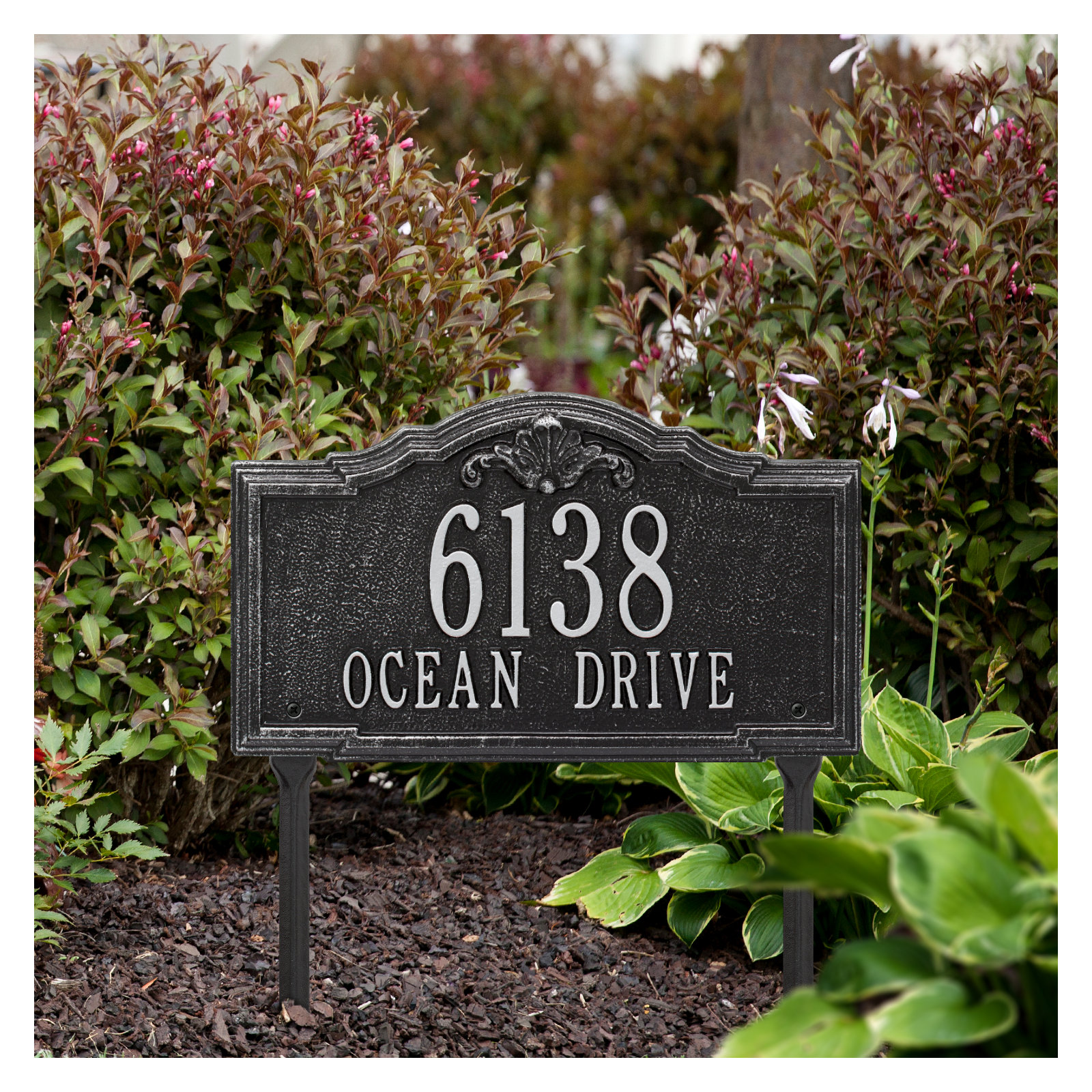 Gatewood Personalized Standard 2-Line Lawn Address Sign, Black/Silver, Yes
