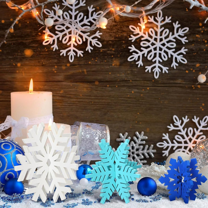 Décoration de table flocon de neige d'hiver - bleu et blanc - panneaux en bois 3D, pièce maîtresse de Noël pour la maison ou les fêtes