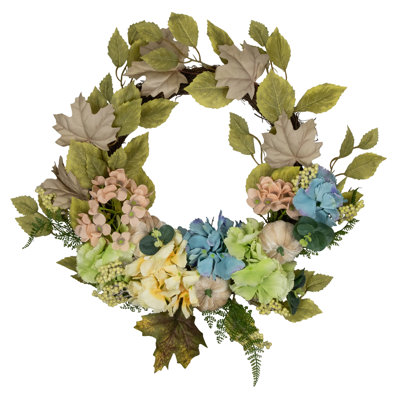 Green and Blue Floral and Gourds Thanksgiving Artificial Wreath 22-Inch