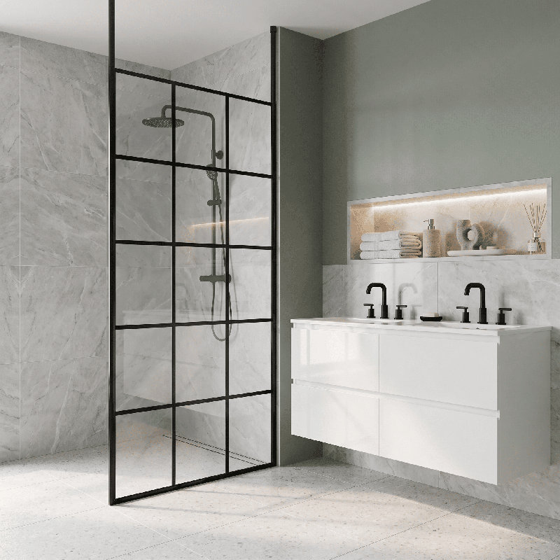 nuie 900mm Matt Black Frame Screen Wetroom With Ceiling Posts