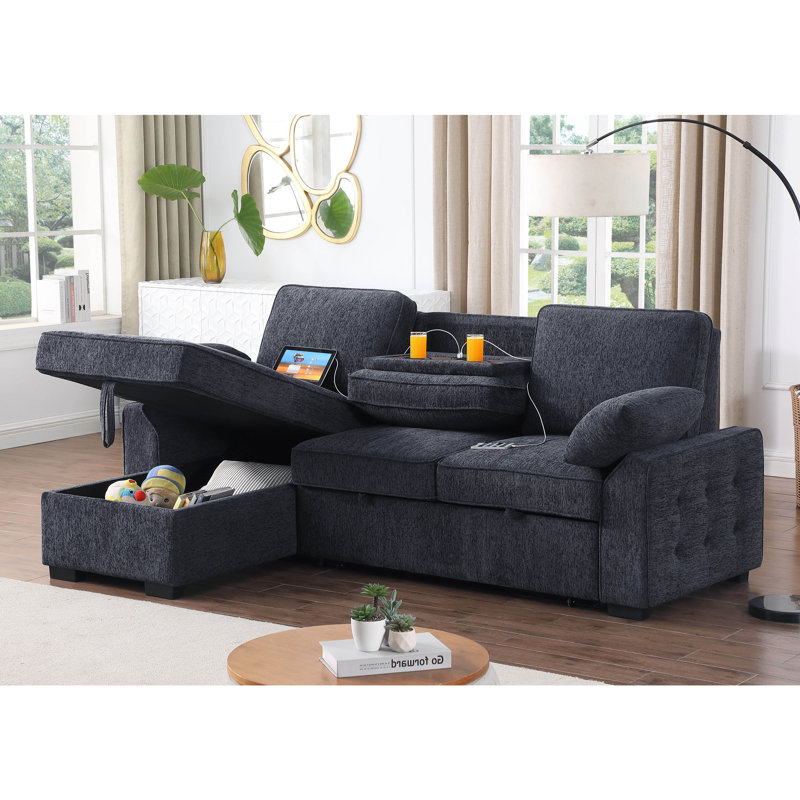 Mackenzie 91"W Charcoal Chenille Fabric Reversible Sleeper Sectional with Storage Chaise, Drop-Down Table, Cup Holders and Charging Ports
