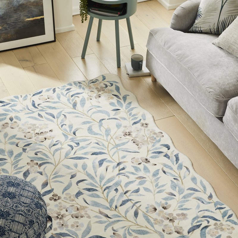 Floral Ivory Blue Washable/Stain Guarded Area Rug , Rectangle 200 x 300 cm