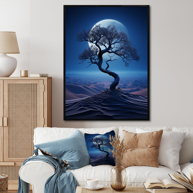 Arbre bleu au clair de lune dans le désert II - art mural désert, Cadre flottant noir, H 44 po x l 34 po x P 1,5 po