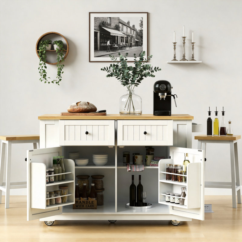 48.2-Inch Kitchen Island 3-Piece Set With 2 Bar Stools, Power Outlet, Built-In Storage Shelves, Folding Tabletop, 5 Wheels, 5 Side Drawers, White.
