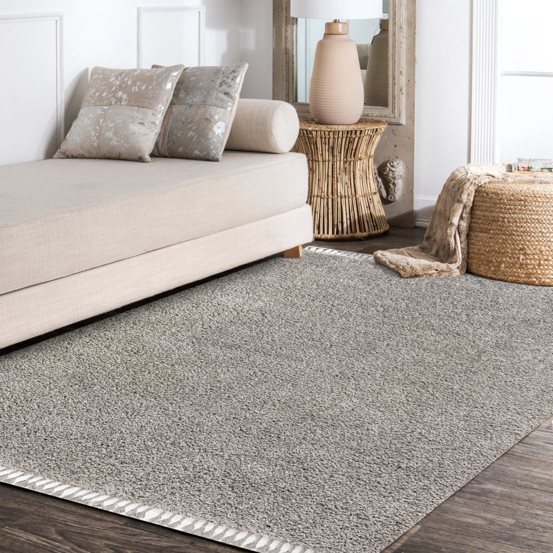 Tapis gris à poil long et pampilles Felicdad, Rectangle 7 pi 9 po x 10 pi