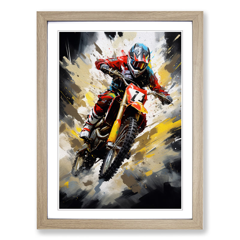 Motorbike Tachisme - Single Picture Frame Print on Wood, Oak Framed, 34cm H x 25cm W x 2cm D