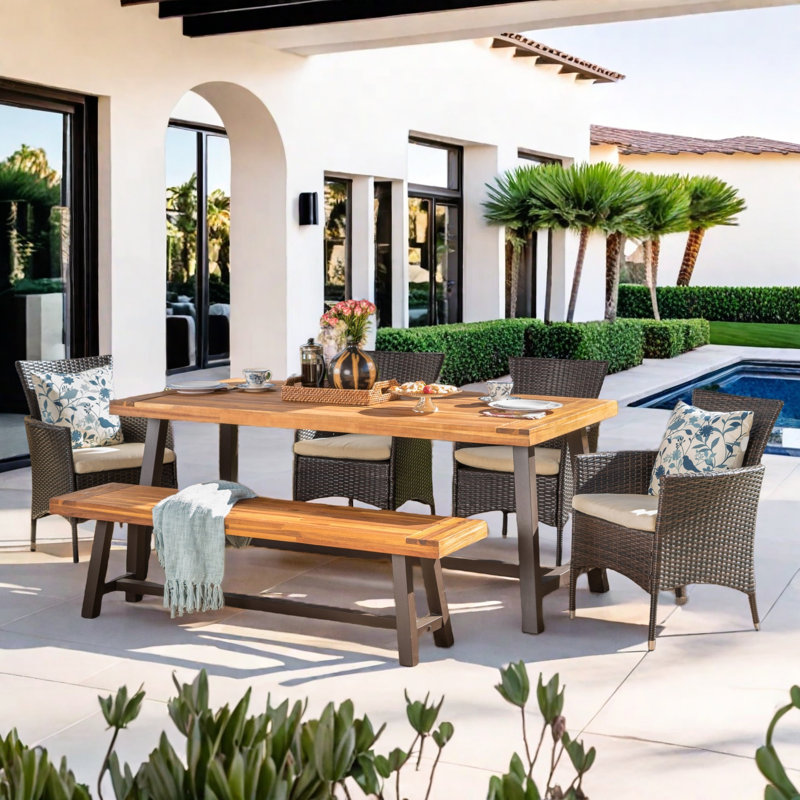 Lebo 6 - Person Acacia Wicker Patio Dining Set with Rectangular Table, Brown/Black