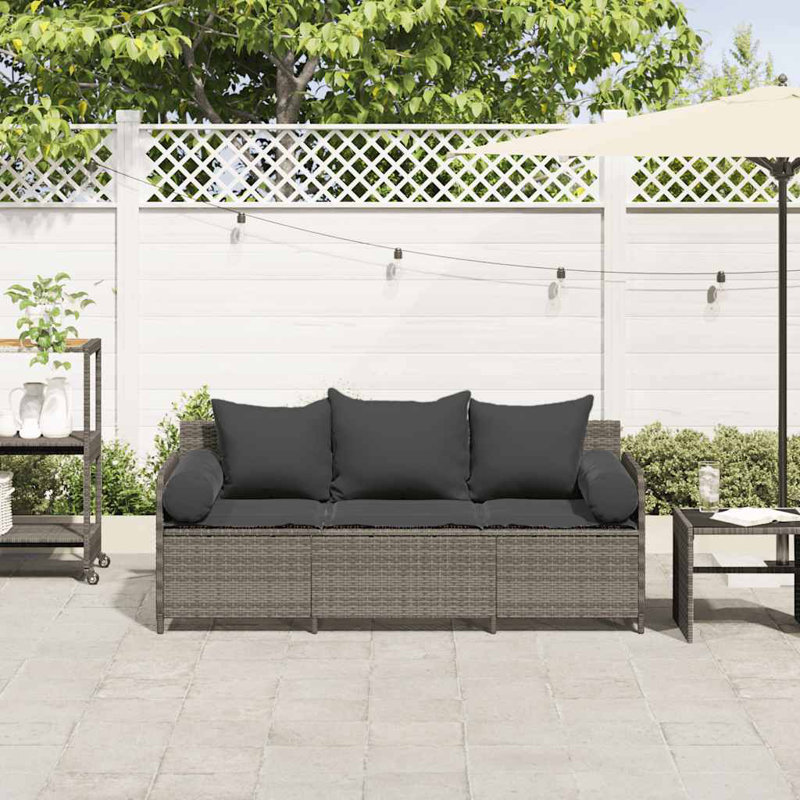 Patio Sofa With Cushions 3-Seater Poly Rattan, Dark Gray, Gray