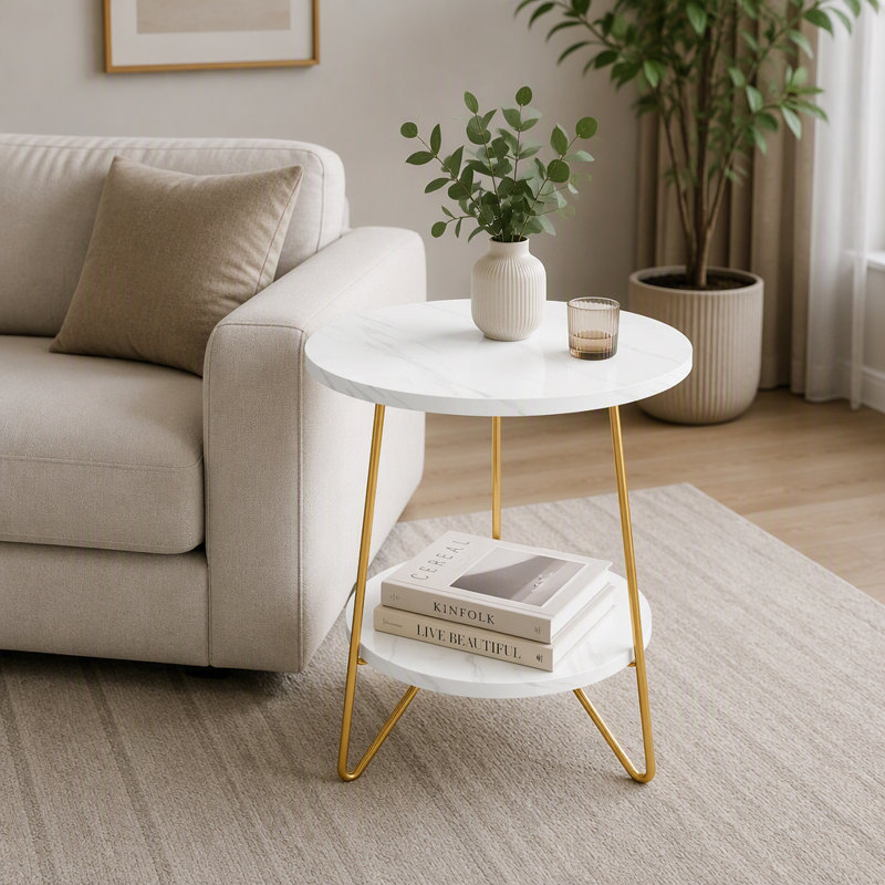 Table de bout moderne en faux marbre avec pieds dorés et rangement à deux niveaux pour la décoration du salon