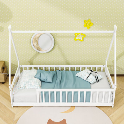 Twin Wood Tent-Shaped Teepee Bed With Guardrails