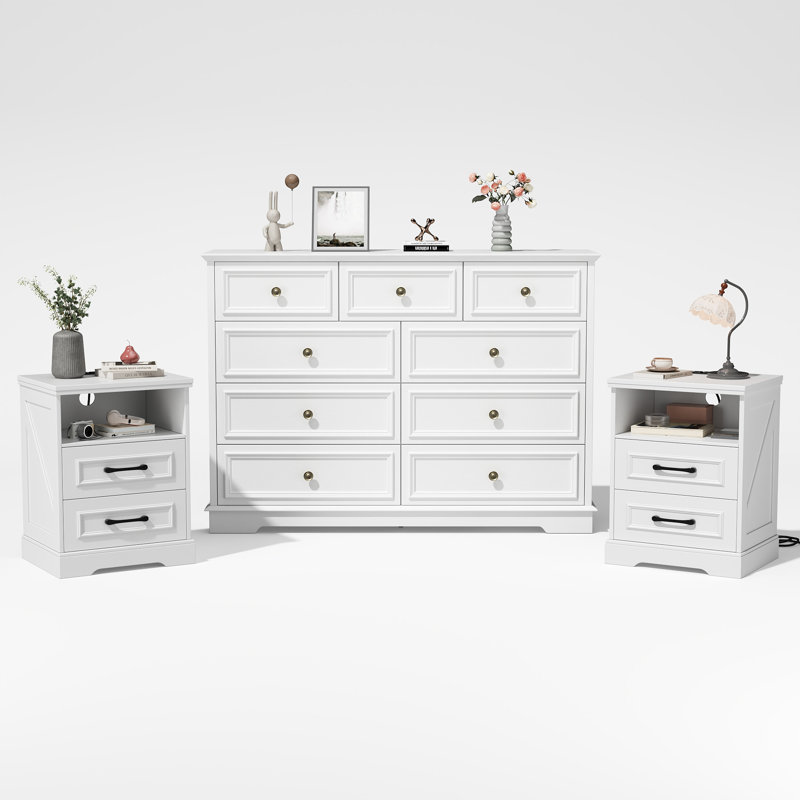 Ensemble de chambre à coucher 3 pièces Meserve - Ensemble de commode double 9 tiroirs l 50,3 po et 2 tables de chevet 2 tiroirs
