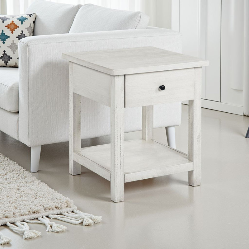 Table de bout Ayne, 1 tiroir, bois vieilli, carré 20 po, Blanc