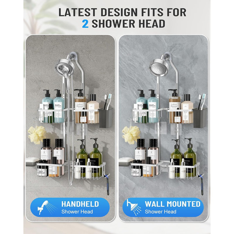 Adjustable Shower Caddy Hanging – Silver – Rustproof Bathroom Organizer For Handheld Showerheads With Soap Basket, Hooks & Toothbrush Holder