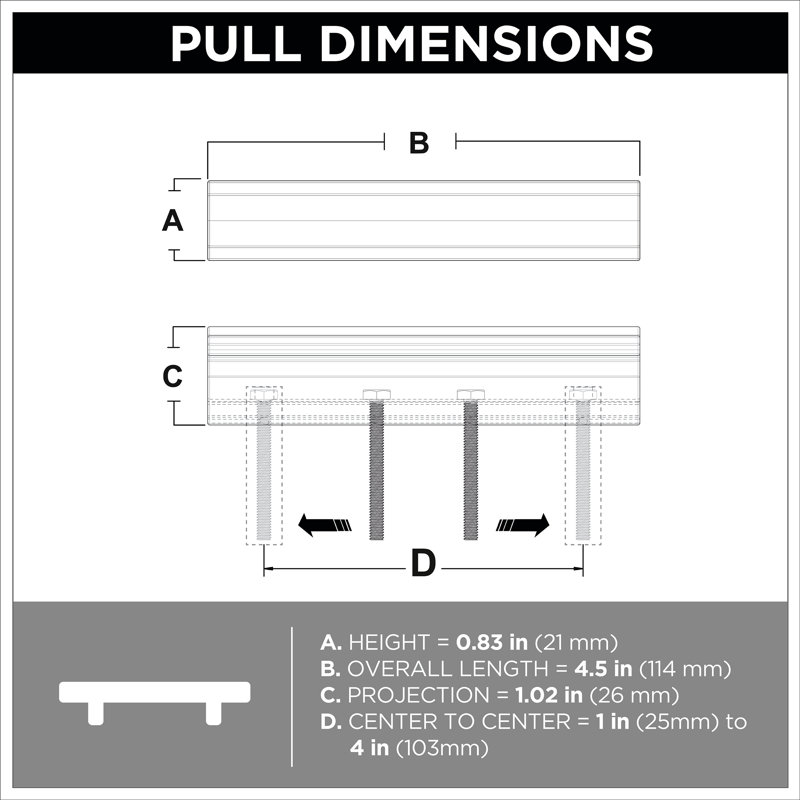 Poignée de tiroir d'armoire Classic Curve Ajuste-Pull (TM) de 1 po à 4 po (25-102 mm) (paquet de 5)