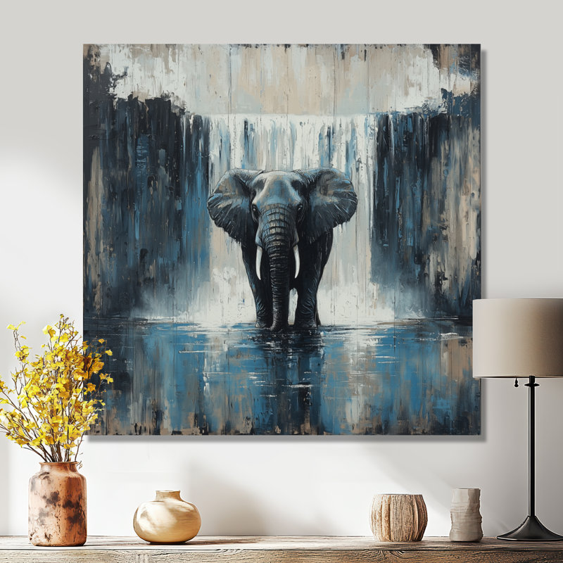 Éléphant monochrome et la cascade I - reproduction d'art moderne en métal, décoration murale éléphant en métal