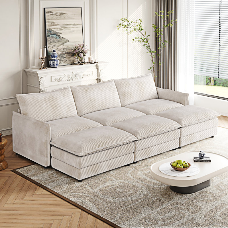 Upholstered Sofa Couch With Ottomans, Beige