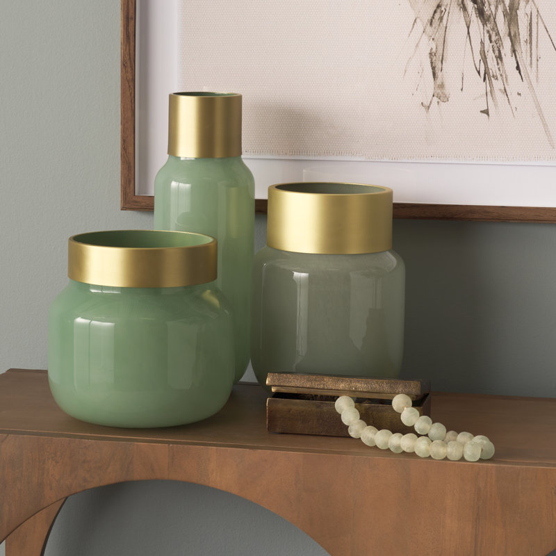 Trashawn Medium Mint Glass Vase W/Matte Gold Metal Neck Cuff, 9.61" H x 9.92" W x 9.92" D