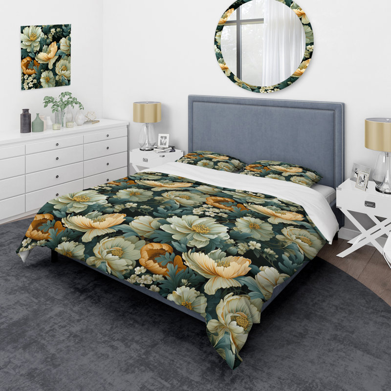Botanical Green Damask Harmony I - Ensemble de housse de couette damassé, Housse de couette pour très grand lit et 2 très