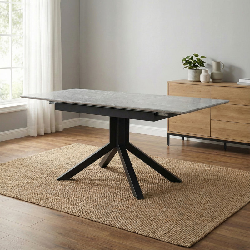 Table de salle à manger rectangulaire moderne avec plateau en panneau de fibres à densité moyenne peint et pieds en métal géométriques robustes