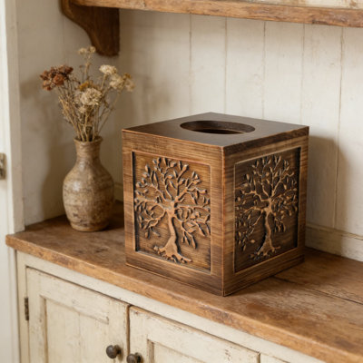 Tree Of Life Tissue Box Cover - Handmade Wooden Tissue Holder With Bronze Lacquered Embossed Design For Bathroom Bedroom Living Room Office Rustic Home Decor