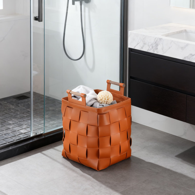 Premium Woven Leather Storage Basket - Durable Laundry Hamper For Bathroom & Living Room - Waterproof & Stain-Resistant Organizer With Handles For Home & Commercial Use